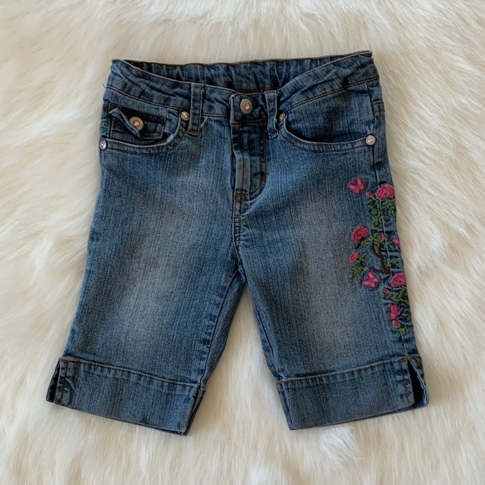 Xhilaration Blue Denim Shorts with Pink Embroidery